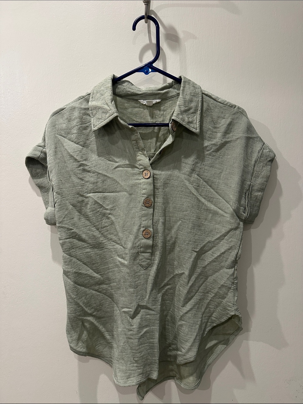 mine Sage Green Short Sleeve Button Polo Blouse